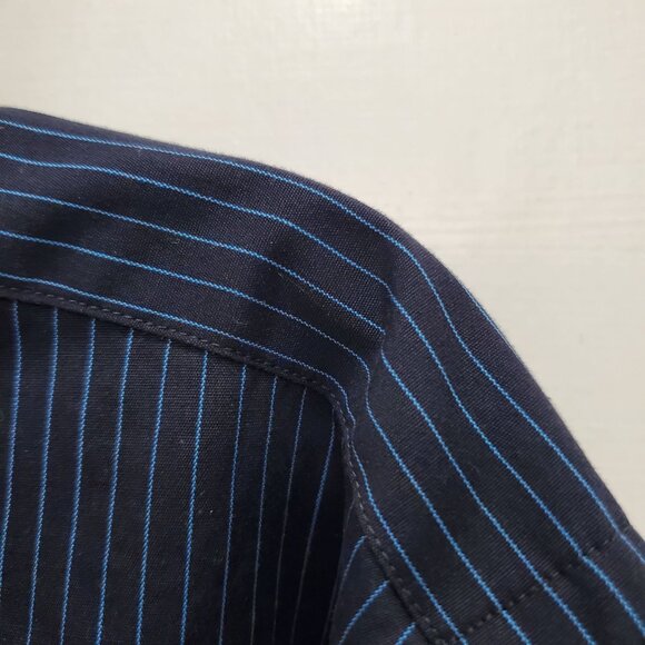 Express Design Studio 80s 2-Ply Cotton Modern Fit Navy Blue Stripe Dress Shirt L - Picture 2 of 7